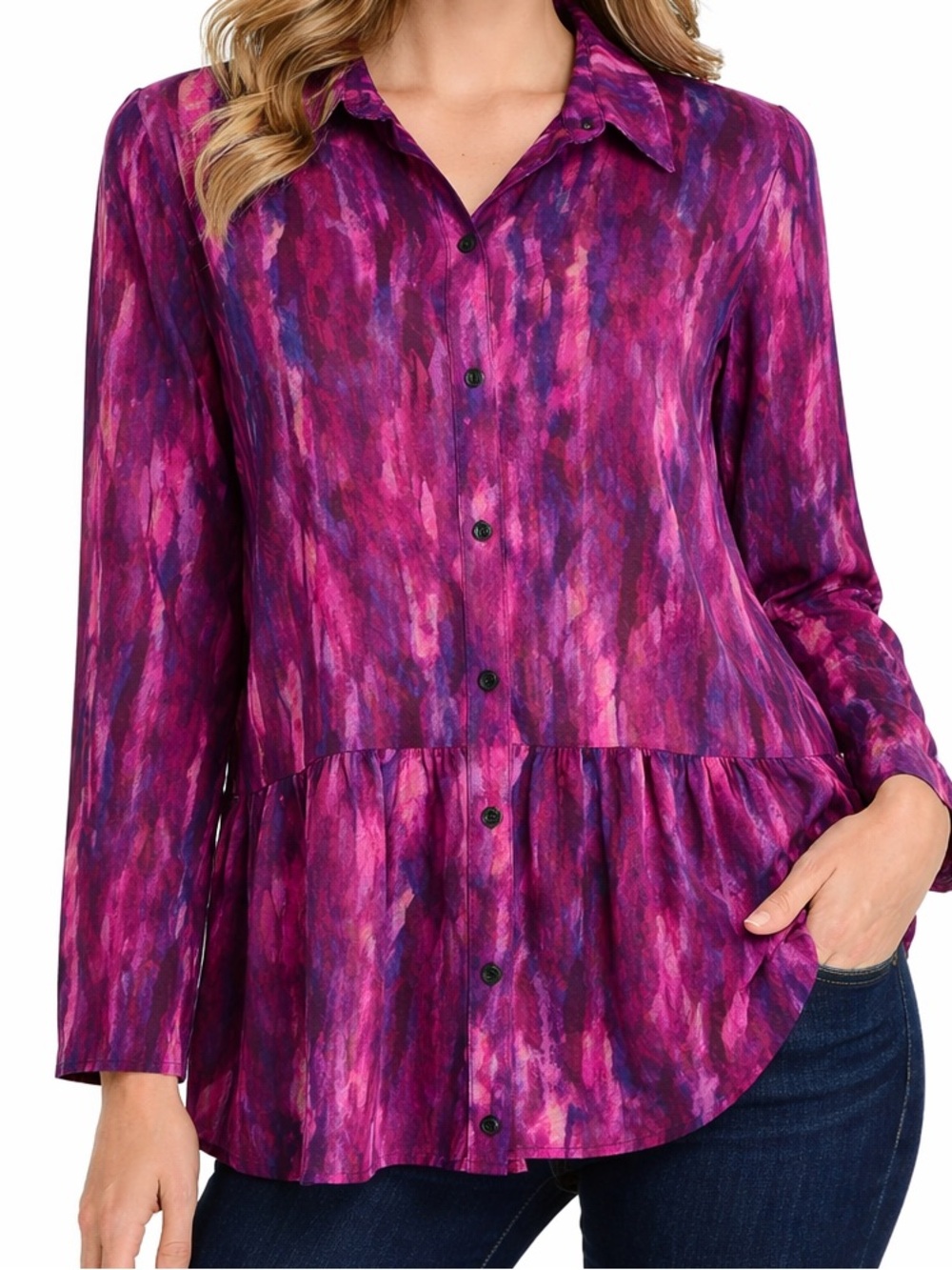 LOGO by Lori Goldstein Top Women's XS Ruffle Hem Boho Blouse Tunic